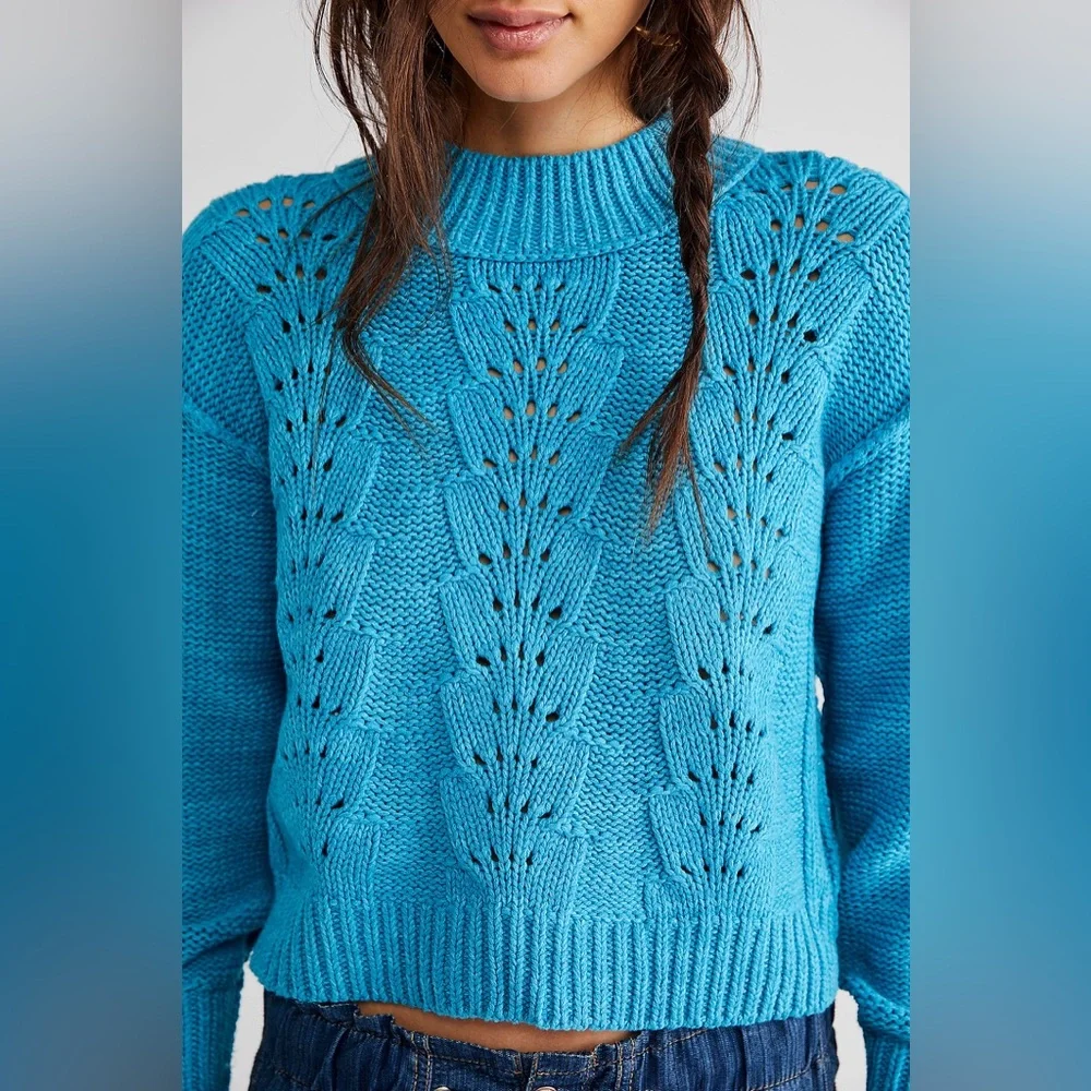 NWOT Free People Bell Song Blue Pullover Boxy Cropped  Knit Sweater Size XS